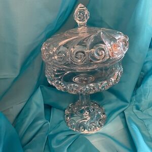 Vintage Lidded Copte Glass Pedestal Candy Dish Lid Swirl Pattern Ornate Design